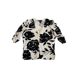 INC International Concepts White Black Floral Fabric‎ Button Up Cardigan Medium